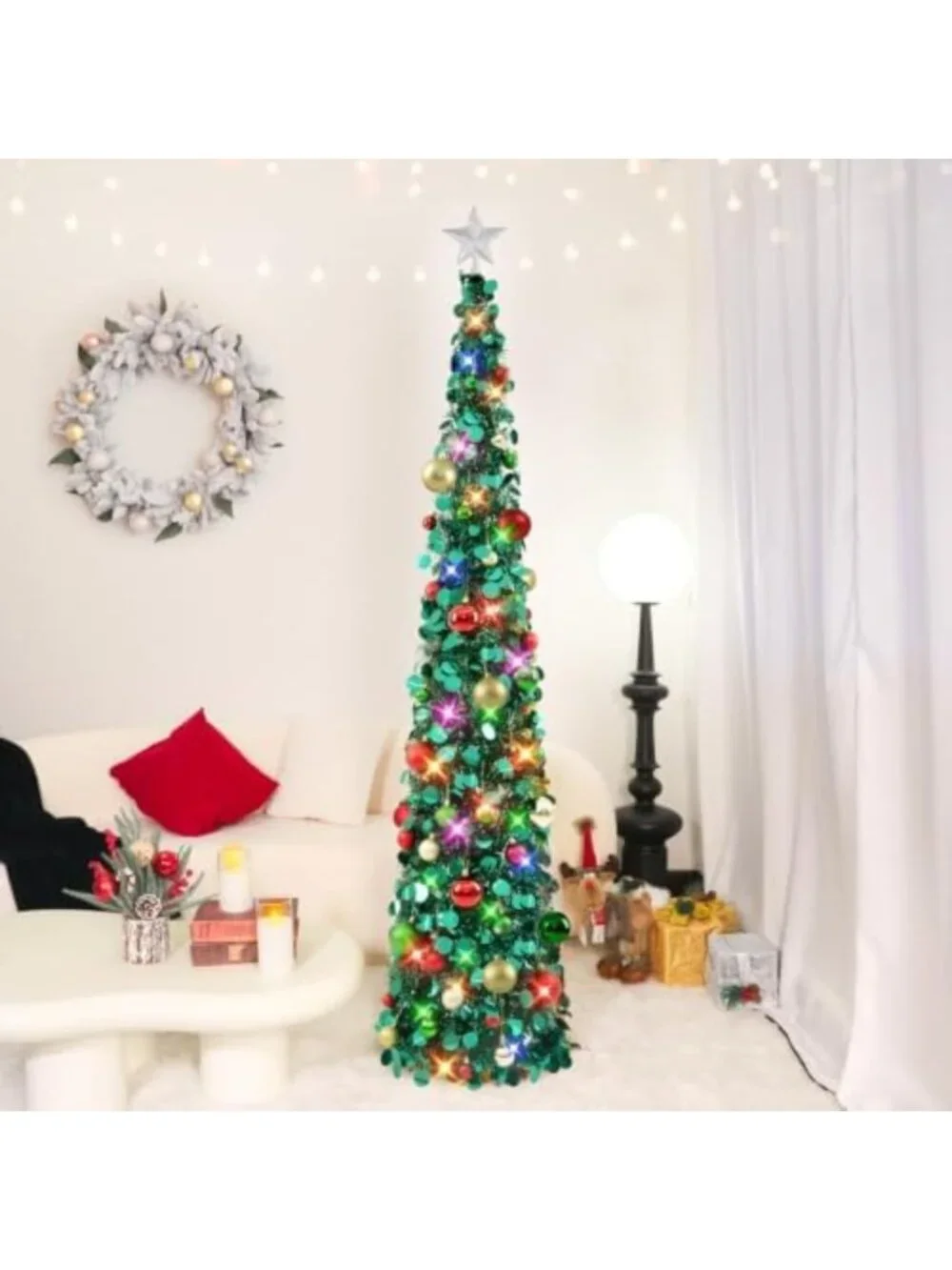 6Ft Pop Up Christmas Tree with Lights & 40 Ornaments - Collapsible Tinsel